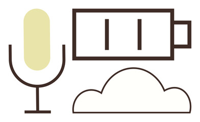 Microphone, battery, and cloud icons in minimalist design convey themes of communication, energy, and digital storage. Ideal for technology, innovation, media, podcasting cloud computing eco