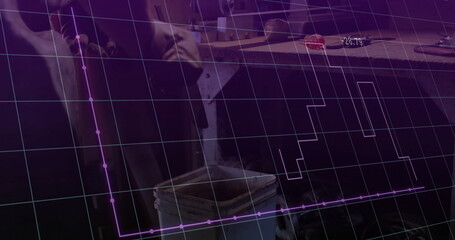 Standing man wearing brown blazer sorting plastic buckets in dim bar, data overlay, copy space