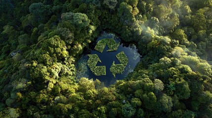 Rainforest lake recycling symbol aerial view, environmental conservation