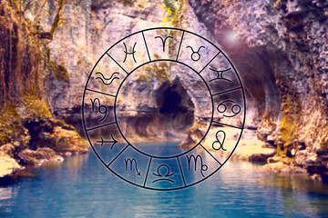 Zodiac wheel with signs against natural landscape