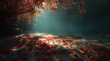 A surreal underwater scene of an autumn forest floor, with vibrant red and golden leaves gently settling on the sandy bottom. Sunlight filters down through the water
