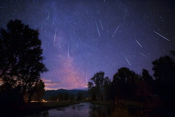 Naklejka premium Perseids Meteor Shower Painting the Night Sky for Breathtaking Astronomy and Stargazing Inspiration