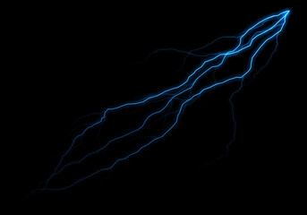 A vibrant blue energy bolt streaks across a pitch-black background, its jagged lines suggesting...