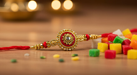 Fototapeta premium Elegant Rakhi with Colorful Sweets, a Celebration of Raksha Bandhan Festive