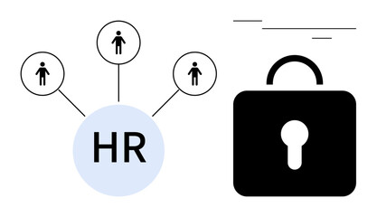 HR circle linked to human icons representing employees, next to a lock symbolizing security. Ideal for HR management, employee data security, networking, organizational systems, workforce