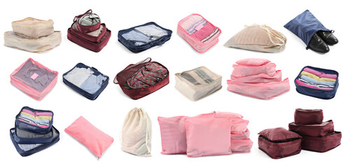 Packing cubes with clothes isolated on white, set