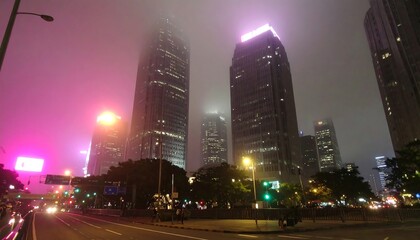 Foggy city skyline at night