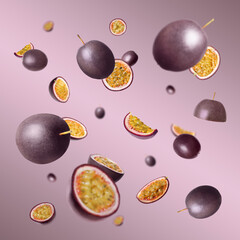 Fresh passion fruits swirling in air against color gradient background