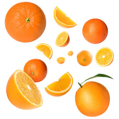 Fresh juicy oranges swirling in air against white background. Citrus fruit