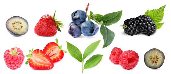 Various berries and green leaves isolated on white, set