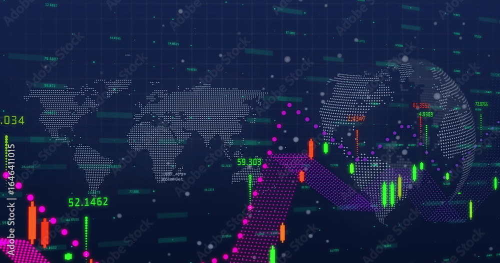 Poster displaying candlestick chart bars and purple dotted trend arrow on data interface, with world map