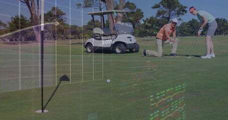Analyzing couple lining up putt on golf course green, with golf ball and data overlays