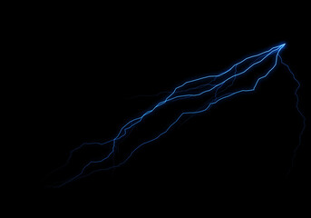 A vibrant blue electrical discharge streaks across a pitch-black background, resembling a lightning...