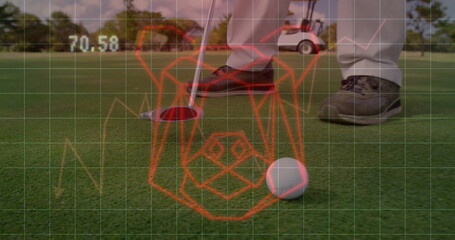 Golfer in khaki trousers aligning putter with golf ball on putting green, wireframe grid overlay