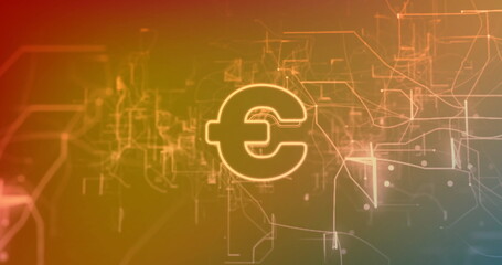Floating glowing Euro symbol illuminating digital environment, with circuit lines and digital nodes