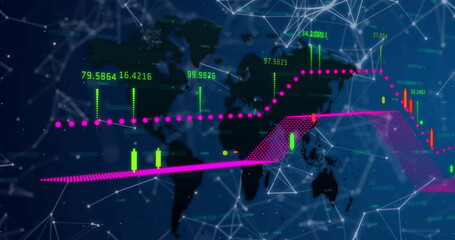 Global data view showing world map on blue interface, with magenta trends, green red candlesticks