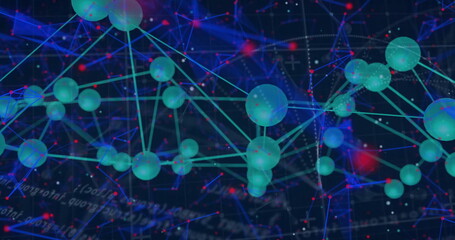 Showing green spheres, teal lines forming network in digital backdrop, with red data highlights