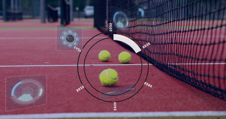 Resting three neon yellow tennis balls near black net on red court with HUD overlay graphics