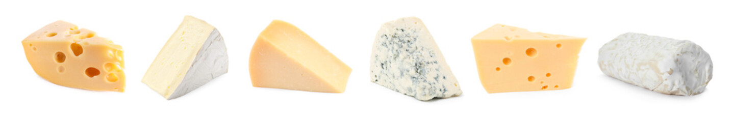 Variety of cheeses isolated on white, set