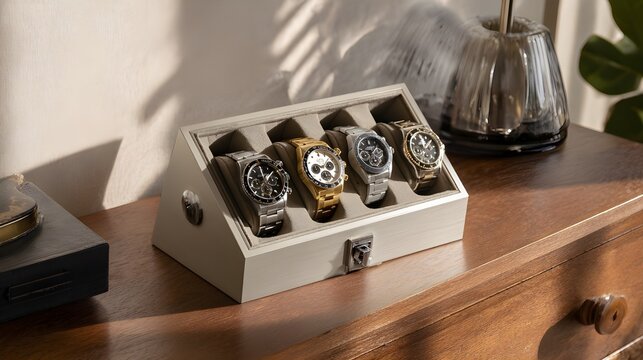 Platinum silver latched watch winder with sleek angled luxury design