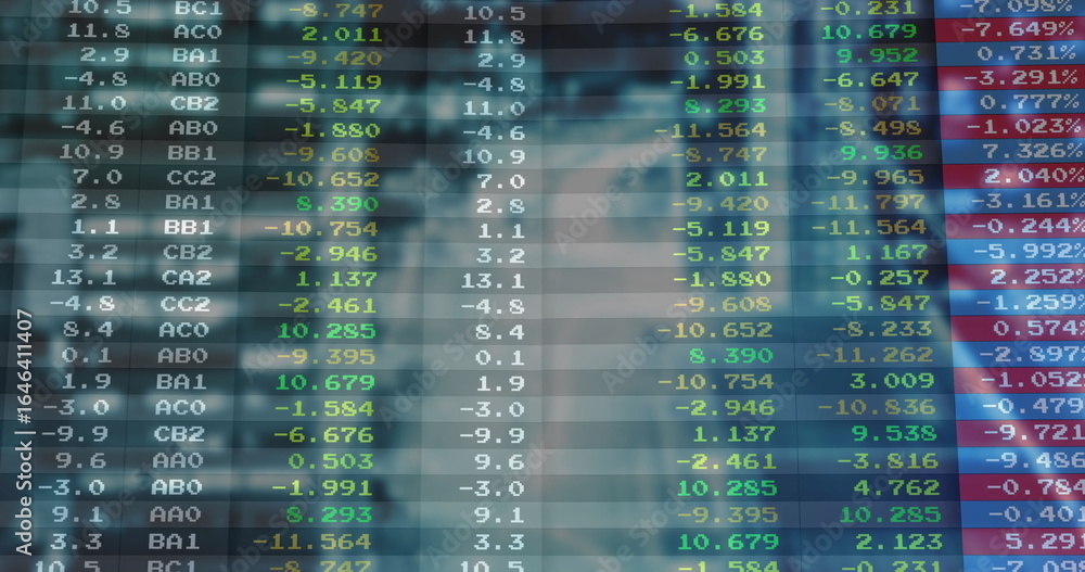 Poster displaying led data display board at trading office, showing alphanumeric codes and colored metrics