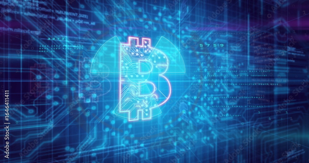Poster Radiating Bitcoin symbol sending neon pulses in blockchain with circuit lines, nodes, code streams