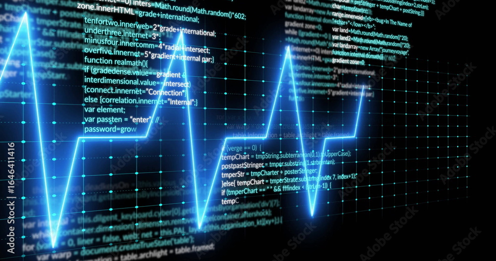 Poster Pulsating bright cyan ECG waveform sweeping across virtual display, amid code snippets