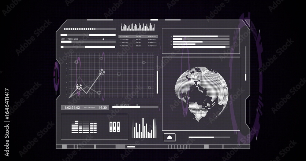Poster displaying futuristic dashboard interface showing line chart and pixelated globe at virtual panel
