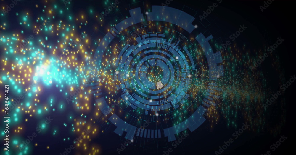 Poster displaying holographic circular interface glowing in virtual space, with flowing particle clusters