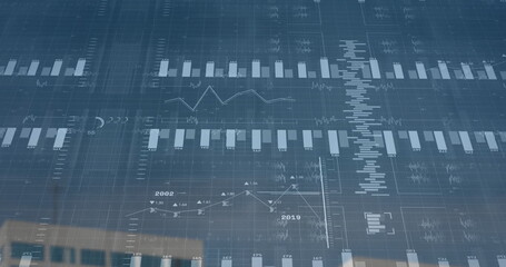 Displaying data dashboard overlay on digital interface, with grid lines, bar charts and line graphs