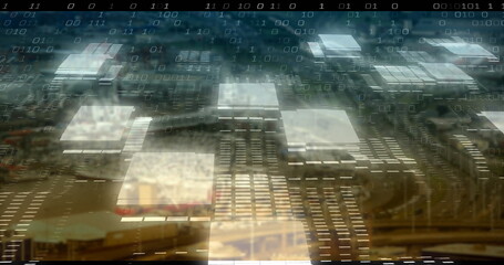 Featuring floating translucent panels hovering above city skyline with cascading binary digits