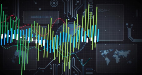 Showing bar charts red-and-green line graphs on circuit grid on screen with waveform map code panel