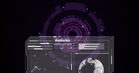 Displaying purple concentric HUD graphic at virtual panel, with overlay charts and pixelated globe