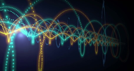 Displaying waveforms twisting in virtual space, with turquoise dotted arcs and yellow sine lines