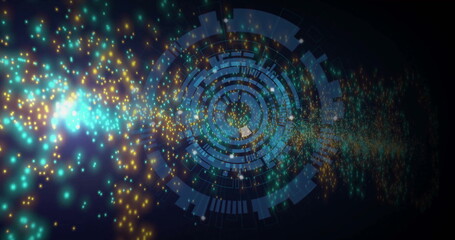 Displaying holographic circular interface glowing in virtual space, with flowing particle clusters