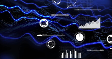 Undulating blue wavy data streams flowing across black digital space, with indicators and charts