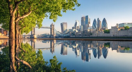 London cityscape reflected in calm water, dawn. Lush trees frame the view