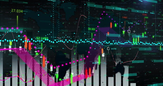 Displaying chart featuring candlestick bars and trend lines on trading platform, with world map