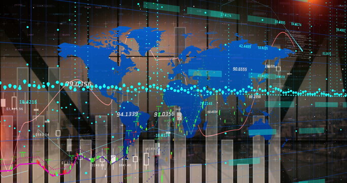 Displaying transparent screen overlaying world map in boardroom with bar scatter candlestick charts
