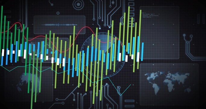 Showing bar charts red-and-green line graphs on circuit grid on screen with waveform map code panel