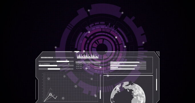 Displaying purple concentric HUD graphic at virtual panel, with overlay charts and pixelated globe
