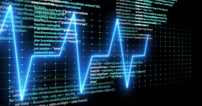 Pulsating bright cyan ECG waveform sweeping across virtual display, amid code snippets