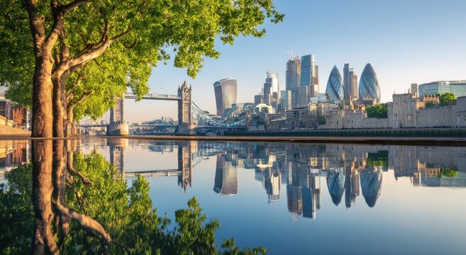 London cityscape reflected in calm water, dawn. Lush trees frame the view - Powered by Adobe