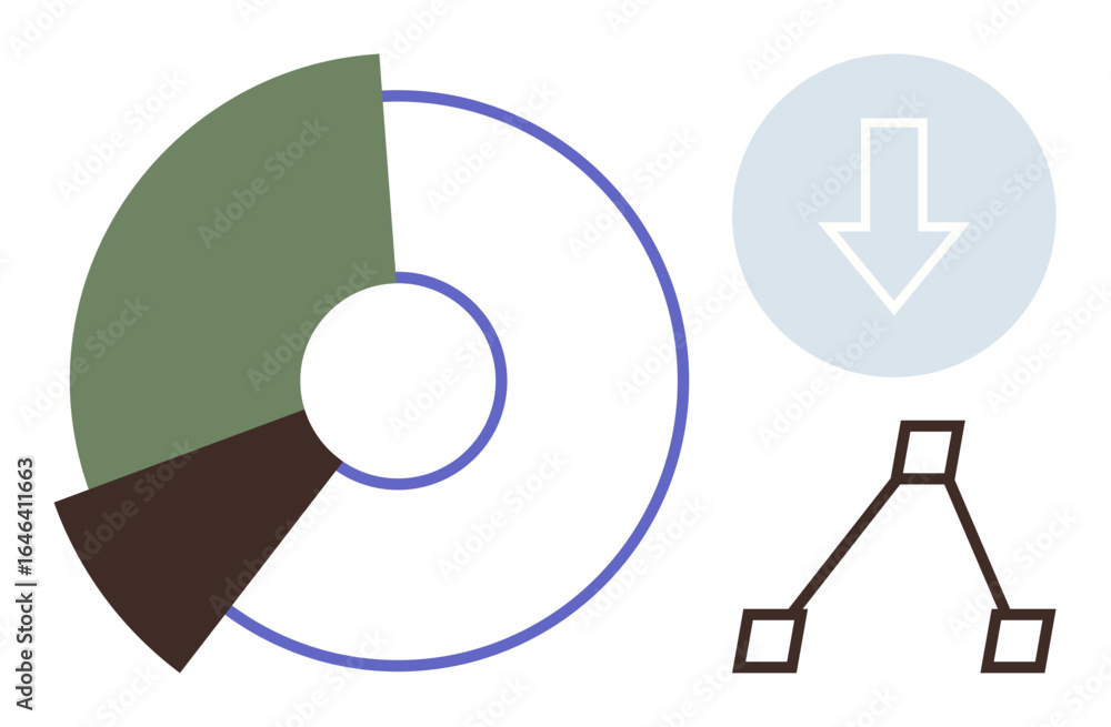 Poster circular pie chart with green and brown sections, downward arrow inside blue circle, branching flowc