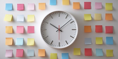 Office wall clock surrounded by colorful sticky notes, time management concept