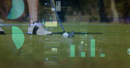 Aligning golfer's feet in athletic shoes with putter, golf ball on putting green, with data charts