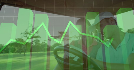 Golfers leaning over scorecard in cart on fairway, steering wheel, roof, chart overlay, copy space