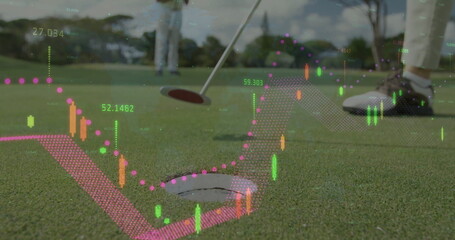 Aligning golfer wearing golf attire tapping golf ball into hole on green, with financial charts