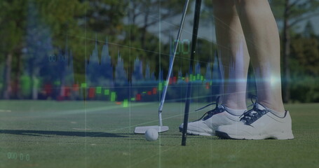 Aligning legs over putting green, white golf shoes, golf ball, putter, candlestick chart overlay