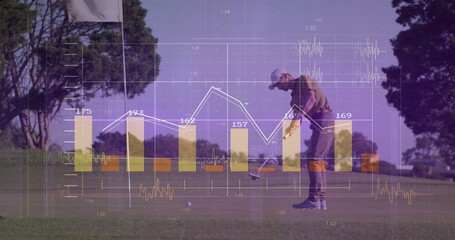 Swinging putter, golfer wearing cap striking ball on green near flagstick with charts, copy space